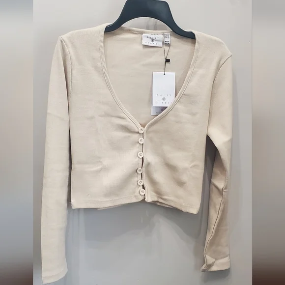 DAISY STREET RIBBED BEIGE CARDIGAN CROP TOP - Picture 1 of 9